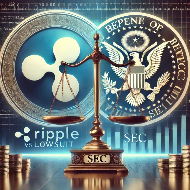 DALL·E 2025-01-20 14.12.01 - A symbolic digital illustration representing the Ripple vs SEC lawsuit. On one side, the Ripple (XRP) logo is shown on a scale of justice, and on the