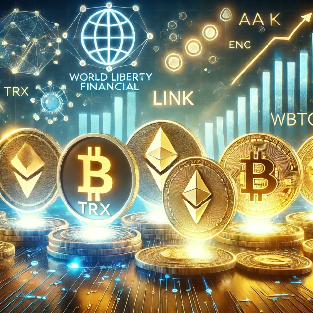 DALL·E 2025-01-20 19.01.38 - A digital illustration depicting World Liberty Financial investing in cryptocurrencies such as TRX, AAVE, LINK, ENA, and WBTC. The scene features glow