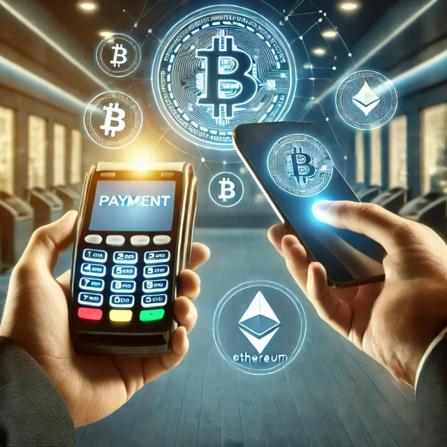 DALL·E 2025-01-20 19.21.20 - A digital illustration of a person making a cryptocurrency payment using a smartphone. The scene shows the individual holding their phone near a payme