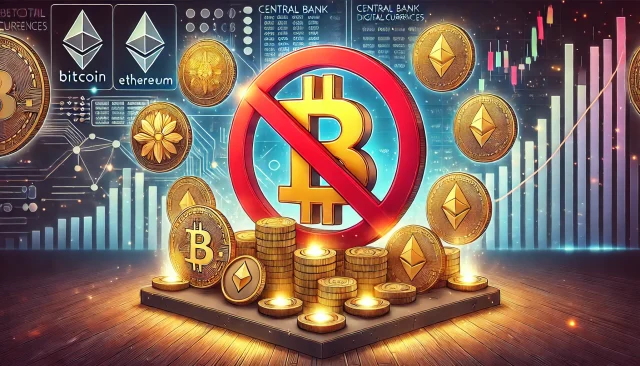 DALL·E 2025-01-22 01.26.25 - A digital illustration symbolizing the banning of Central Bank Digital Currencies (CBDCs) while supporting cryptocurrencies. The scene features a larg