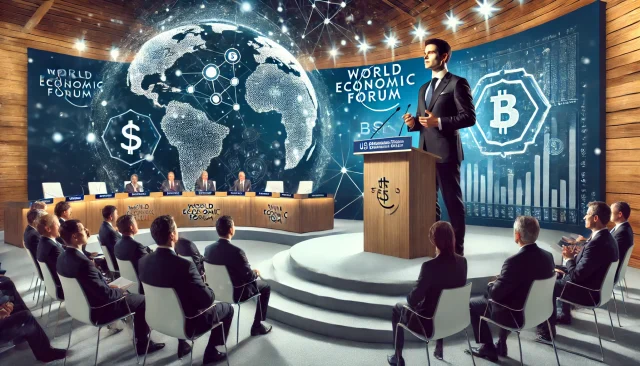DALL·E 2025-01-22 22.26.35 - A professional and modern depiction of a financial leader delivering a speech at an international forum, such as the World Economic Forum. The setting