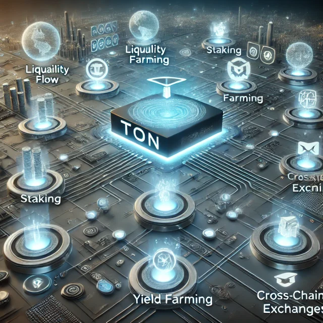 DALL·E 2025-01-24 16.09.58 - A futuristic depiction of a blockchain ecosystem thriving with innovation and activity, symbolizing the TON blockchain's growth. The central focus is
