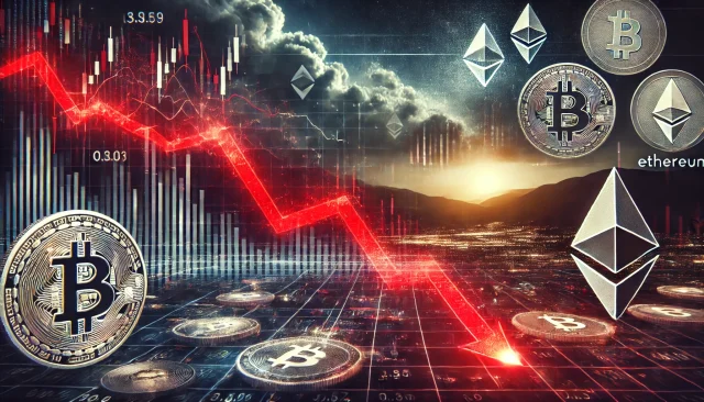 DALL·E 2025-01-27 22.19.23 - An impactful and futuristic image representing the decline in the cryptocurrency market. The scene features a red downward-trending graph overlaid on