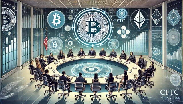 DALL·E 2025-01-27 22.24.54 - A professional and futuristic illustration representing CFTC Acting Chair Caroline Pham hosting a public roundtable on cryptocurrency. The scene featu