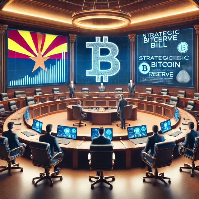 DALL·E 2025-01-28 16.11.02 - A professional and futuristic scene depicting a legislative panel in a modern Arizona Senate chamber approving a strategic Bitcoin reserve bill. The s