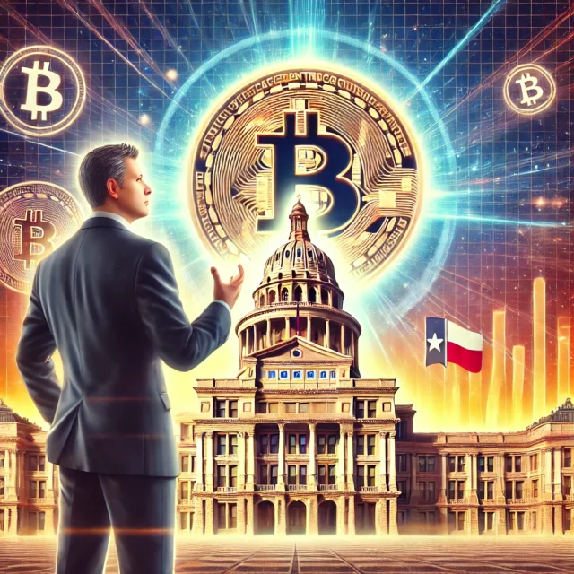 DALL·E 2025-01-29 23.57.21 - A powerful digital illustration of Texas Governor Dan Patrick standing in front of the Texas State Capitol, unveiling a bold plan for a Bitcoin Reserv