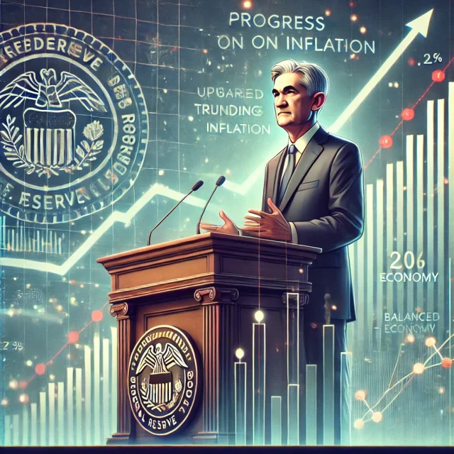 DALL·E 2025-01-30 00.05.56 - A professional digital illustration of Federal Reserve Chair Jerome Powell delivering a speech at a podium, with financial charts and economic indicat