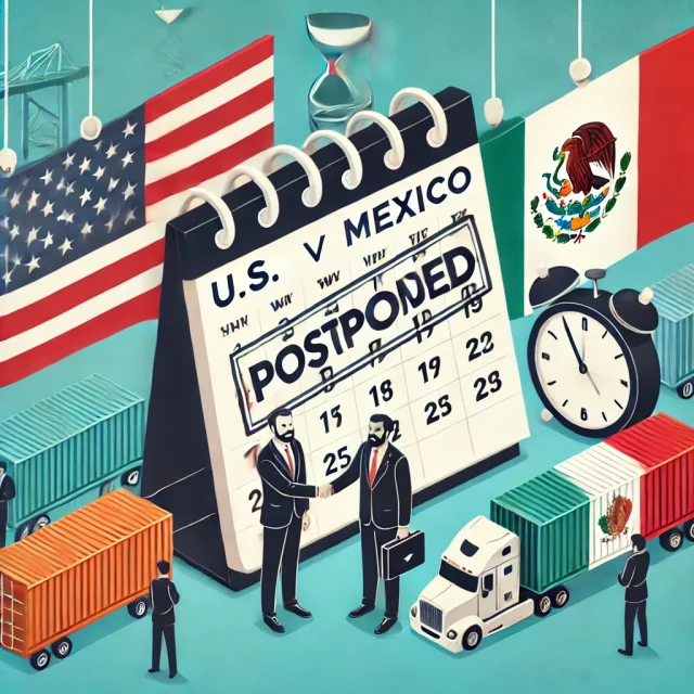 DALL·E 2025-02-03 20.56.08 - A conceptual illustration representing the delay of tariffs between the U.S. and Mexico. The image features two flags, the U.S. and Mexico, with a lar