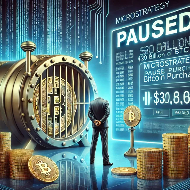 DALL·E 2025-02-03 21.04.01 - A conceptual digital illustration depicting MicroStrategy's decision to pause Bitcoin purchases while holding $30 billion worth of BTC. The image feat