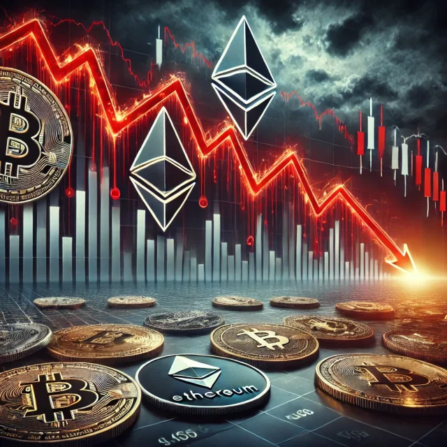 DALL·E 2025-02-03 21.24.46 - A dramatic digital illustration depicting both the cryptocurrency and stock markets in decline. The image features a financial chart with sharp red do