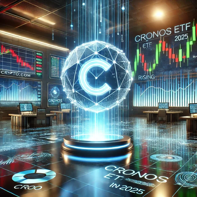 DALL·E 2025-02-05 16.28.25 - A futuristic digital stock market scene featuring the Crypto.com logo and a glowing Cronos (CRO) token in the foreground. In the background, financial