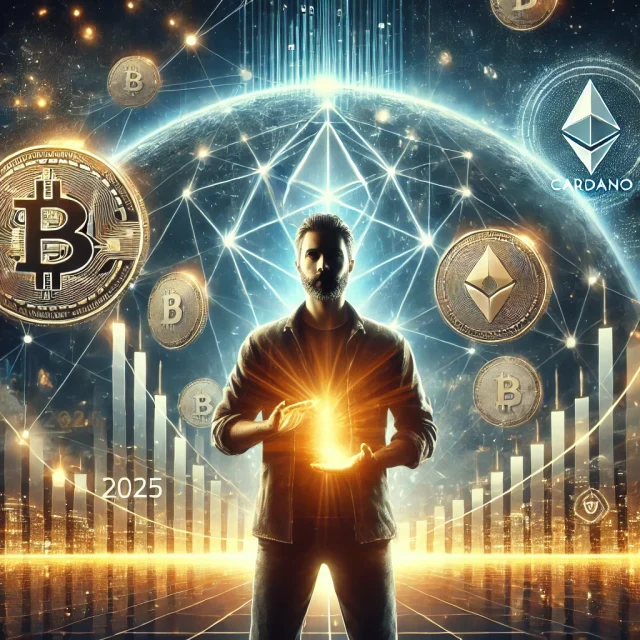 DALL·E 2025-02-05 16.33.32 - A futuristic digital finance scene featuring Charles Hoskinson, the founder of Cardano, standing in front of a glowing blockchain network. The backgro