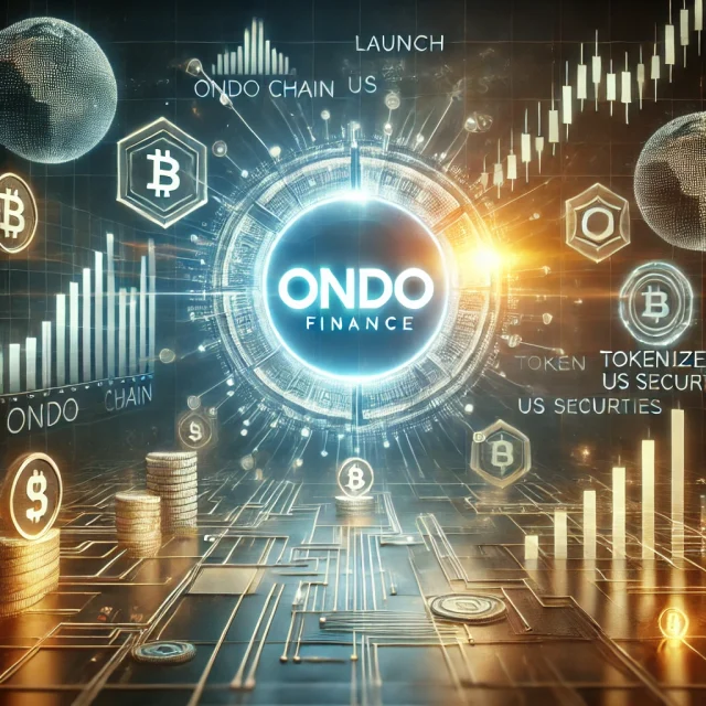 DALL·E 2025-02-07 00.31.09 - A futuristic digital illustration showcasing Ondo Finance's launch of ONDO Chain and tokenized US securities. The image features a high-tech blockchai