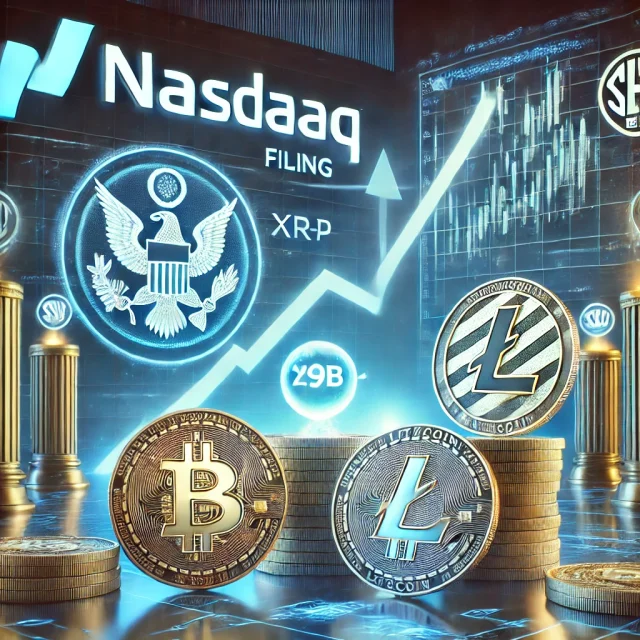 DALL·E 2025-02-10 18.49.01 - A digital illustration representing Nasdaq's submission of 19b-4 filings to the SEC for CoinShares' XRP and Litecoin ETFs. The image features Nasdaq a