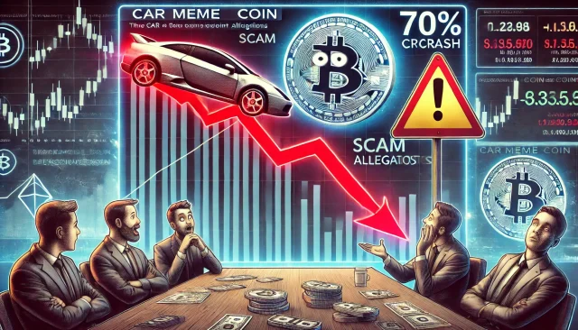 DALL·E 2025-02-10 18.58.53 - A dramatic cryptocurrency market scene depicting the CAR meme coin's 70% crash amid scam allegations. The image features a digital chart with a sharp