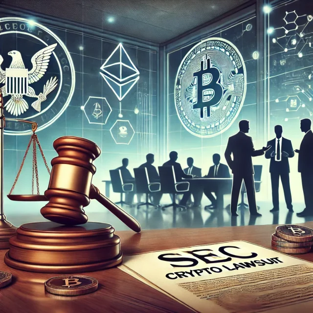 DALL·E 2025-02-12 11.17.07 - A digital illustration depicting a courtroom scene with a judge's gavel, legal documents labeled 'SEC' and 'Crypto Lawsuit,' and a scale symbolizing j