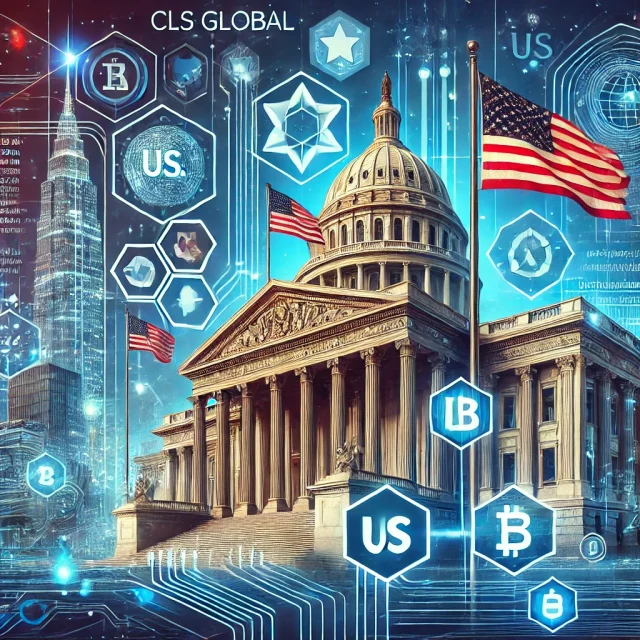 DALL·E 2025-02-12 11.29.28 - A futuristic digital illustration depicting the evolving landscape of U.S. cryptocurrency regulation. The image features blockchain networks, legal do