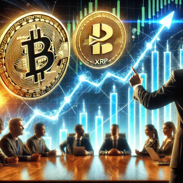 DALL·E 2025-02-14 16.45.48 - A visually striking digital image depicting two cryptocurrency coins, one labeled 'TRUMP Coin' and the other 'XRP,' with dynamic upward price charts i