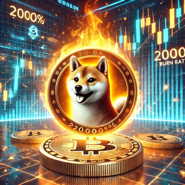DALL·E 2025-02-14 16.49.50 - A dynamic digital illustration showcasing a Shiba Inu-themed cryptocurrency coin with flames rising around it, symbolizing a 2000% burn rate increase
