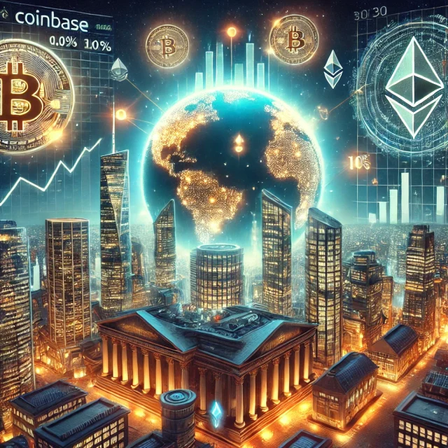 DALL·E 2025-02-14 16.52.19 - A futuristic digital illustration depicting a global financial landscape where cryptocurrency makes up 10% of the economy. The scene features a Coinba