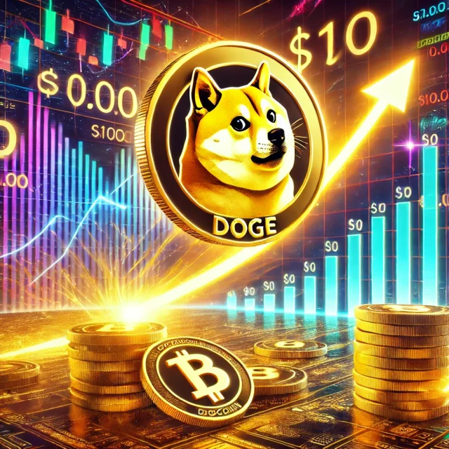 DALL·E 2025-02-17 17.37.42 - A dynamic digital artwork showcasing Dogecoin's price surge towards $10. A golden Dogecoin (DOGE) coin with the Shiba Inu logo is soaring upwards on a