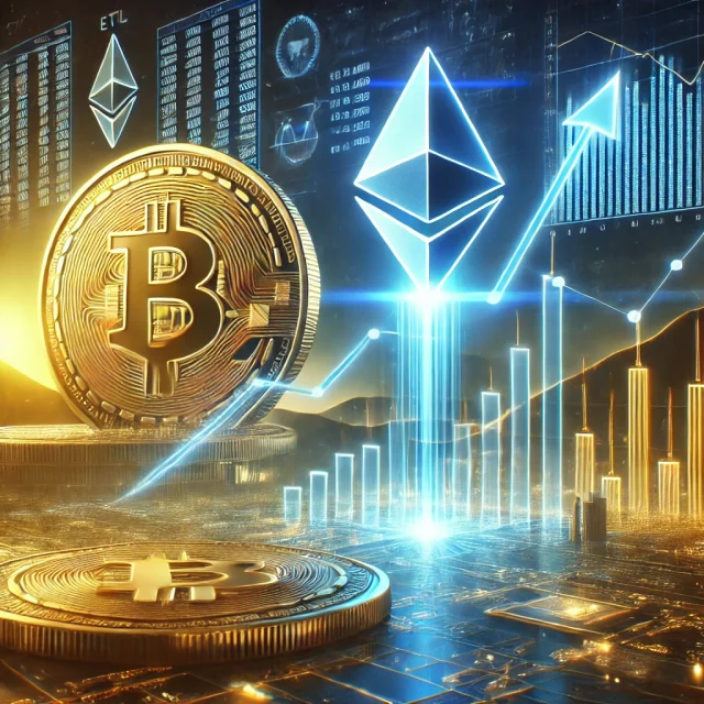 DALL·E 2025-02-17 18.01.45 - A futuristic financial scene showcasing Ethereum's price resurgence as Solana's meme coin hype declines. A glowing Ethereum (ETH) coin rises above a f