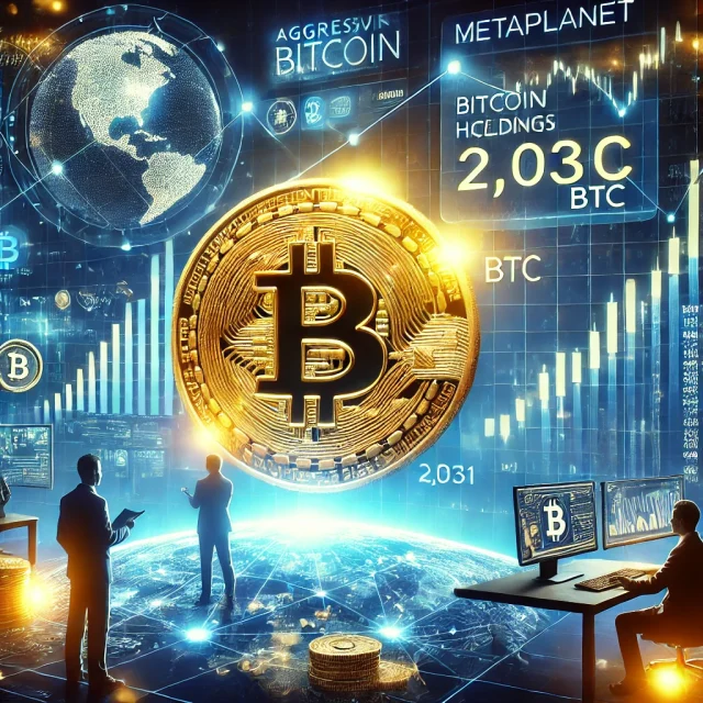 DALL·E 2025-02-17 18.11.40 - A futuristic financial scene showcasing Metaplanet's aggressive Bitcoin acquisitions, increasing its holdings to 2,031 BTC. A glowing Bitcoin (BTC) co