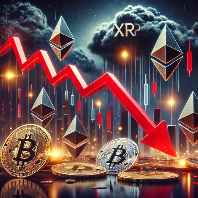 DALL·E 2025-02-18 23.24.07 - A dramatic digital illustration depicting a cryptocurrency market crash. The image features Bitcoin, Ethereum, Solana, and XRP symbols dropping sharpl
