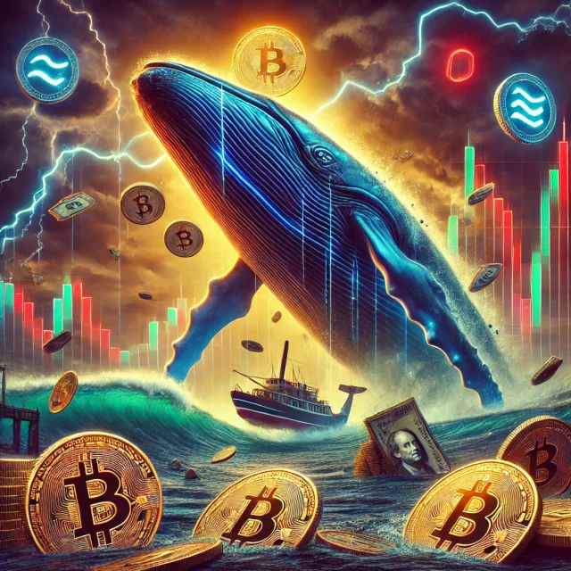 DALL·E 2025-02-19 16.13.39 - A dramatic digital illustration showcasing a Solana whale staking $15 million worth of SOL amid a chaotic crypto market. The image features a giant wh