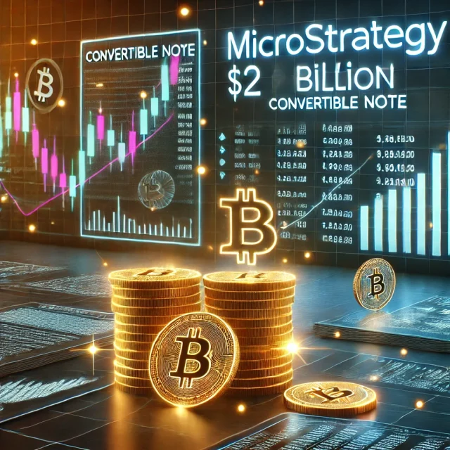 DALL·E 2025-02-19 16.18.05 - A futuristic digital illustration depicting MicroStrategy's $2 billion convertible note issuance for Bitcoin acquisition. The image features stacks of