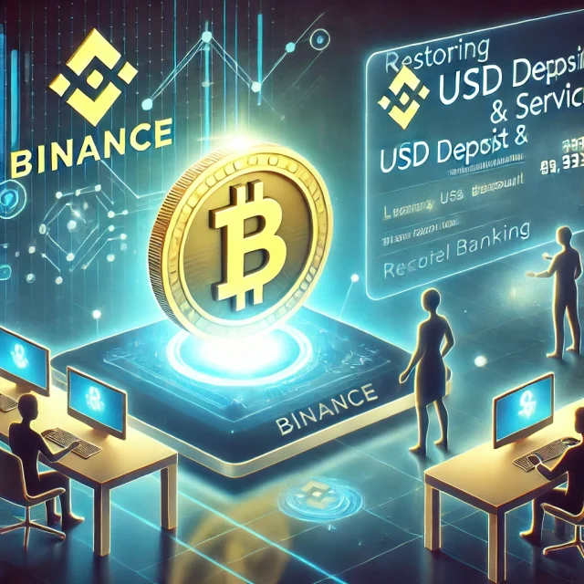 DALL·E 2025-02-19 16.25.47 - A digital illustration showcasing Binance.US restoring USD deposit and withdrawal services. The image features the Binance.US logo prominently, with a