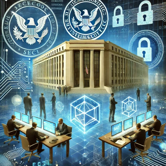 DALL·E 2025-02-20 20.33.16 - A high-tech digital illustration depicting the US SEC's new cybersecurity and crypto fraud enforcement unit. The image features a futuristic SEC headq