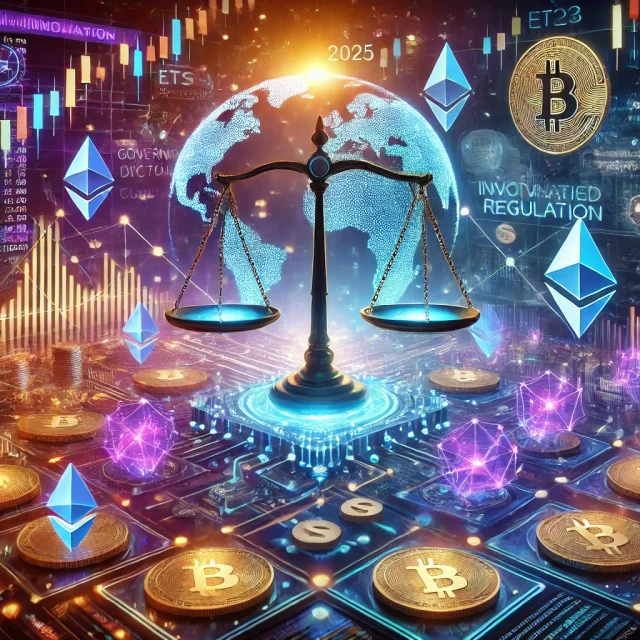 DALL·E 2025-02-24 20.12.47 - A futuristic digital artwork depicting the evolution of crypto regulations in 2025. The image features a high-tech financial landscape with glowing bl