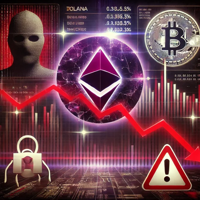 DALL·E 2025-02-24 20.17.49 - A digital artwork illustrating Solana's price decline amid security concerns. The image features a dark, futuristic financial background with red, dow