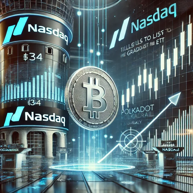 DALL·E 2025-02-25 19.38.29 - A futuristic financial-themed digital artwork showcasing Nasdaq filing to list the Grayscale Polkadot ETF, with Polkadot (DOT) eyeing a $34 rally. The
