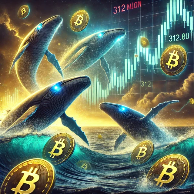 DALL·E 2025-02-26 16.49.25 - A dramatic digital illustration of Dogecoin whales selling off 312 million DOGE in a turbulent crypto market. The image features large whales symboliz