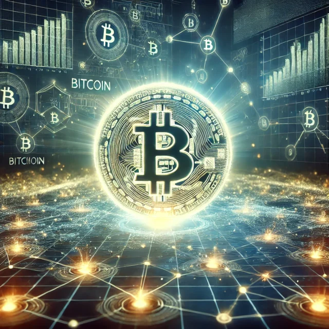 DALL·E 2025-02-26 16.51.13 - A futuristic digital illustration depicting the early stages of Bitcoin adoption. The image features a glowing Bitcoin symbol emerging from a digital