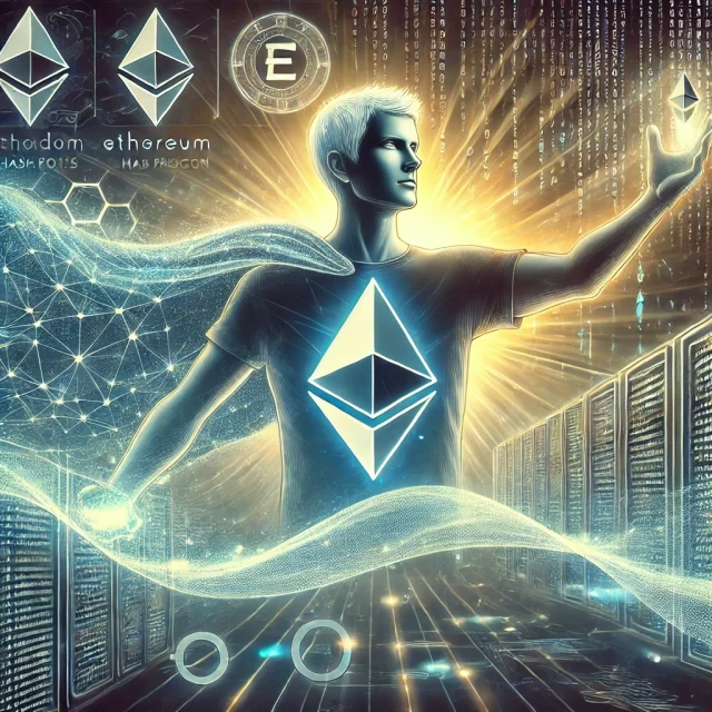 DALL·E 2025-02-26 16.53.22 - A futuristic digital illustration showcasing Ethereum's potential migration to the Poseidon hash function. The image features Vitalik Buterin as a vis