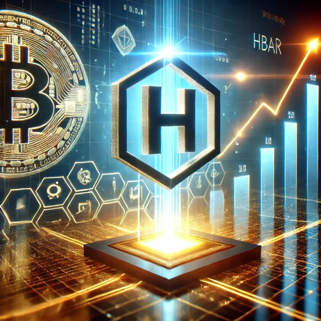 DALL·E 2025-03-05 14.21.12 - A futuristic digital illustration featuring the Hedera (HBAR) cryptocurrency symbol at the center, glowing and rising on a bullish financial chart. Th