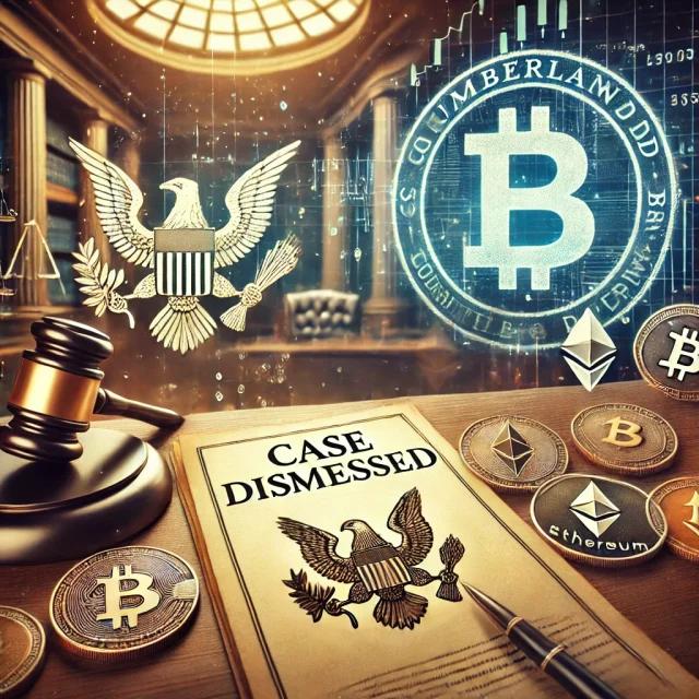 DALL·E 2025-03-05 14.40.50 - A digital illustration depicting the SEC dismissing its lawsuit against Cumberland DRW. The image features a symbolic courtroom scene with legal docum