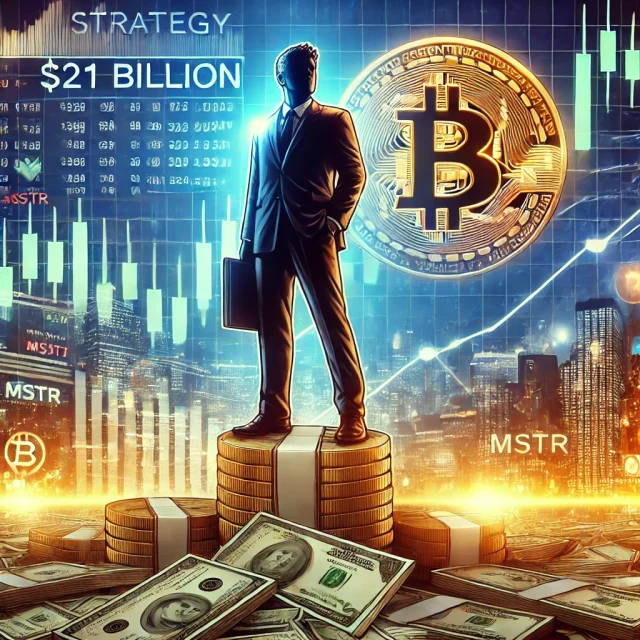 DALL·E 2025-03-10 17.27.31 - A digital illustration depicting Strategy (formerly MicroStrategy) raising $21 billion to buy Bitcoin. The image features a businessman standing on a