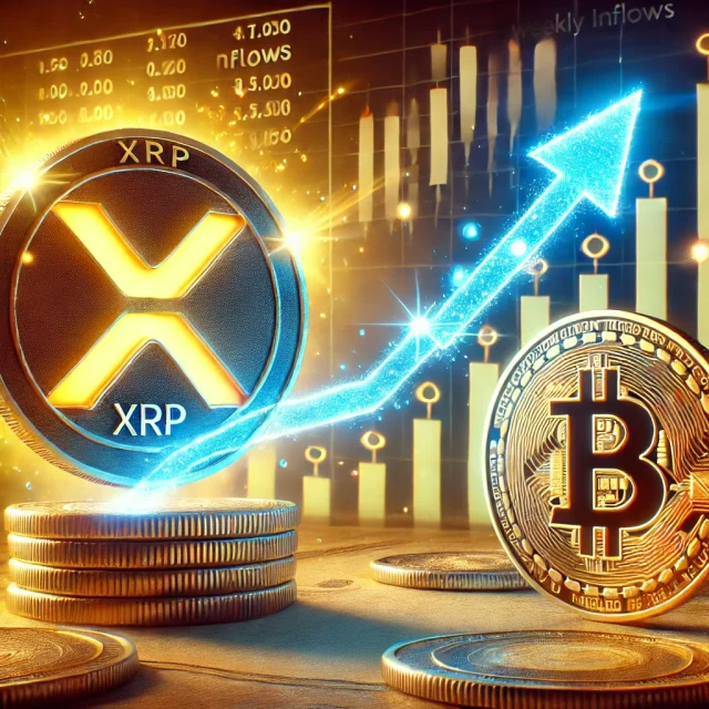 DALL·E 2025-03-10 17.32.46 - A digital illustration showcasing XRP surpassing Bitcoin in weekly inflows. The image features a rising XRP coin with glowing effects, symbolizing gro