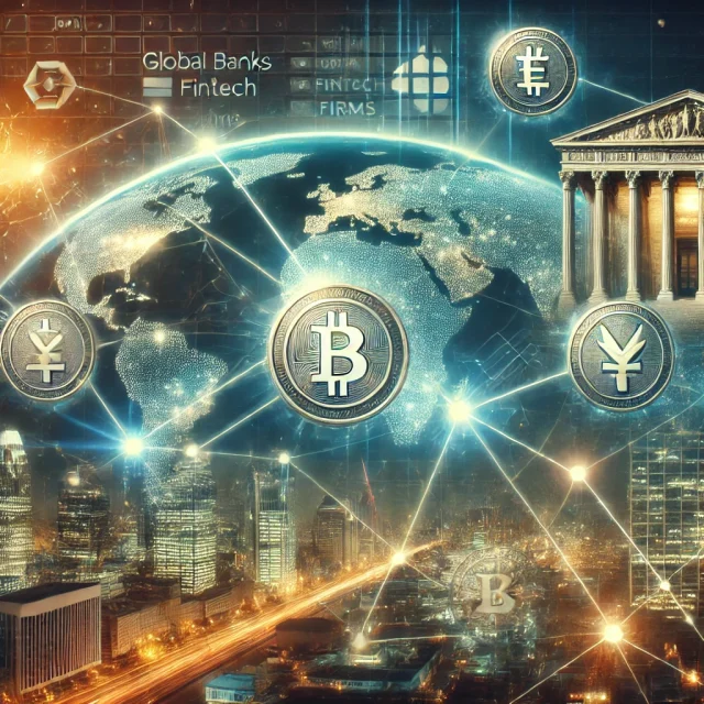 DALL·E 2025-03-10 17.34.57 - A digital illustration showcasing global banks and fintech firms launching stablecoins for cross-border transactions. The image features a futuristic