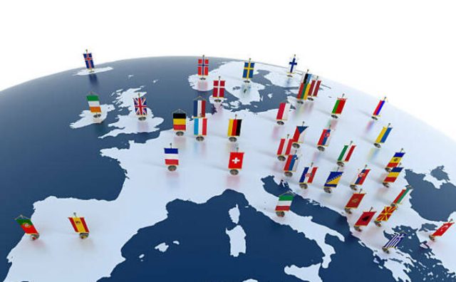 european countries 3d illustration - european continent marked with flags