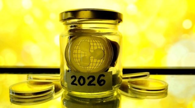 A gold Ripple XRP coin stored in a jar labeled “2026,” set against a bright yellow background._id_61faa888-15f1-4ff4-acd0-db1ee9163d23_size900
